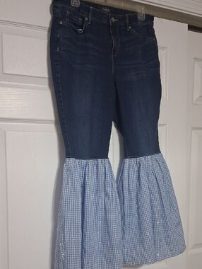 NYDJ Dark Blue Denim Jeans with Light Blue Gingham Ruffle Sz 14